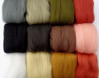 Landscape set of 12 colors merino wool roving for needle/wet felting, doll hair, country spinning fiber, (0.16oz/4-5g per color) = 1.8oz/50g