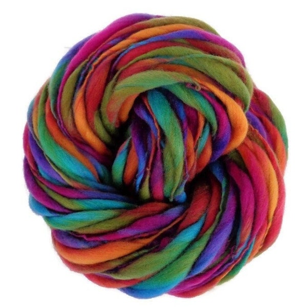 Happy Hour, handspun thick and thin super bulky merino wool, gift for best friend, weaving/felting/dreads yarn, 100g/64m, 3.5oz/71yds
