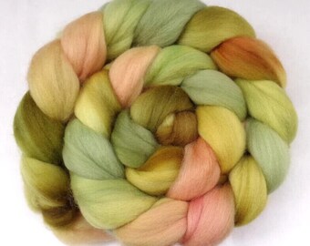 Felting/spinning fiber hand dyed polwarth roving braid yellow green orange, for dreadlocks, 18-20 micron combed wool top, weaving,100g/3.5oz