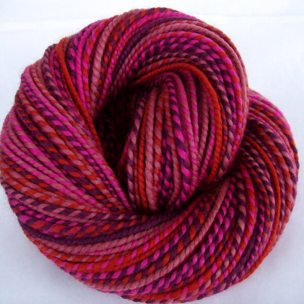 Handspun merino yarn, self striping yarn, bulky yarn, chunky yarn, dolls hair, purple, pink, burnt orange, VILLETTE, 4.2oz, 124yds