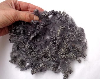 May include: A handful of gray, curly wool fibers. The fibers have a soft, textured appearance with varying shades of gray and white. The wool appears to be unprocessed and ready for crafting projects.
