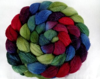 3.5oz merino silk roving, hand dyed roving, wool roving, felting wool, spinning fiber, roving wool, wool silk roving, purple, teal, red,100g