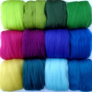 May include: Twelve skeins of wool yarn in various colors, including green, purple, blue, yellow, and teal.