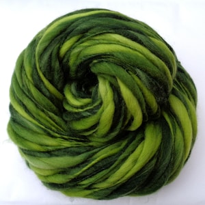 Greens handspun super bulky thick and thin yarn, chunky weaving, felting, embellishing, green yarn dreads hairfalls, 100g/64m, 3.5oz/71yds
