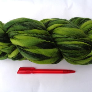 May include: A skein of green and black wool yarn. The yarn is twisted and has a striped pattern.