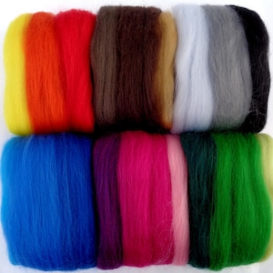 May include: A set of ten colorful wool roving fibers, each in a different color, including yellow, orange, red, blue, purple, pink, green, brown, white, and gray.