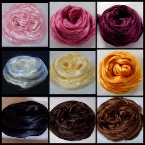 Silk roving fiber 17 colors available 15g/0.5oz, half ounce mulberry and tussah silk tops for spinning/felting/doll hair, gift for crafter