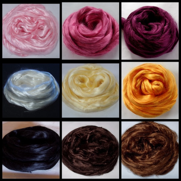 Mèche de soie, 17 couleurs disponibles, 15 g/0,5 oz, soies de mûrier et de tussah à filer pour feutrage, fabrication de savon pour cheveux de poupée, une demi-once