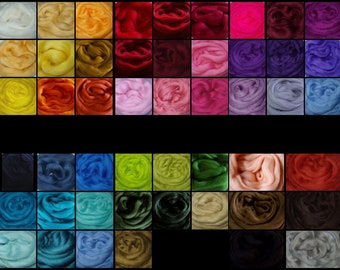 May include: A collection of 48 colorful wool roving fibers in various shades of red, orange, yellow, green, blue, purple, pink, brown, black, and white.