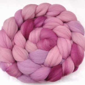 4.2oz fine polwarth roving hand dyed spinning fiber light victorian pink purple, 18-20 micron wool top for felting and chunky weaving, 120g