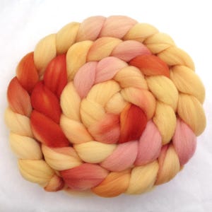 Handgefärbter Kammzug 18-20 Mikron Polwarthwolle apricot orange rosa 100g, Spinnwolle, Spinnfaser, Filzwolle, Geschenk, (219Euro/kg)