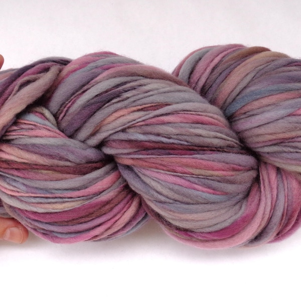 Gargoyle handspun hand dyed thick and thin super bulky merino knitting yarn, muted gray purple dark pink slub wool, 3.5oz/167yds, 100g/150m