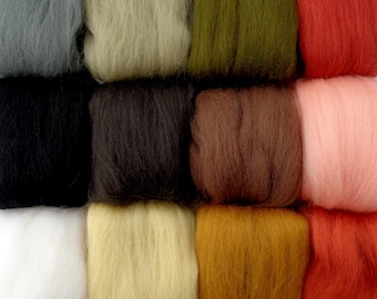 Landscape set of 12 colors merino wool roving for needle/wet felting, doll hair, country spinning fiber,(0.13oz/3.75g per color) = 1.6oz/45g