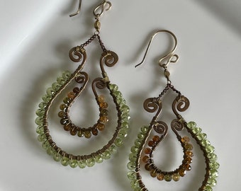 Peridot/Golden Tourmaline Filigree Hoops