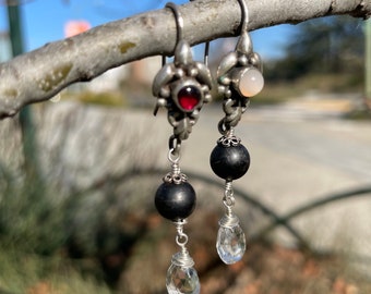 Sterling Onyx/Quartz Chandelier Ear Drops