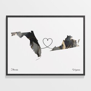 Florida naar Virginia print, Virginian cadeau, marmer twee landen kaart poster, reiskunst, Welcome Home cadeau, C22-1345