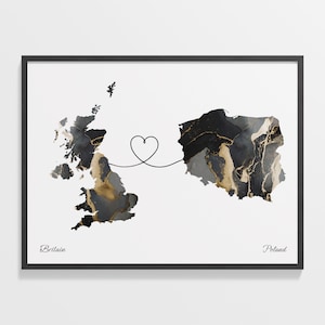 Print Groot-Brittannië naar Polen, Pools cadeau, marmeren poster kaart twee landen, Britse muurkunst, vrijwilliger, C22-345