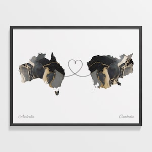 Australien Kambodscha Druck, Burundische Geschenk, Marmor Zwei Länder Karte Poster, Reisekunst, LDR, C22-825