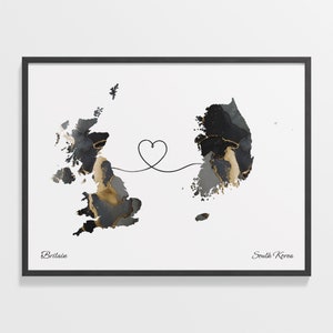 Großbritannien nach Südkorea Druck, südkoreanisches Geschenk, Marmor zwei Länder Karte Poster, Wandkunst Großbritannien, Umzug ins Ausland, C22-368