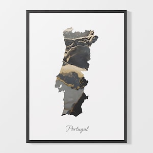 Portugal Art Print, Portuguese Map Poster, Elegant Country Artwork, Black and Gold PT Painting, Brushed metal look, C25-147
