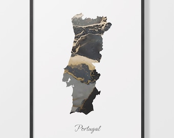 Portugal Map Art Print: Black and Gold Abstract Country Artwork
