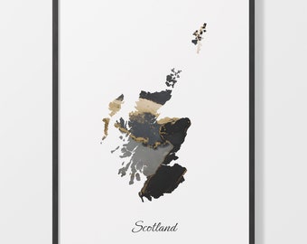 Scotland Art Print, Scottish Map Poster, Elegant Country Artwork, Black and Gold GB Painting, Artisan map print, C25-253