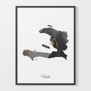 Haïti Art Print, Haïtiaanse kaartposter, elegant landkunstwerk, zwart en goud HT-schilderij, sierlijke kaartposter, C25-77