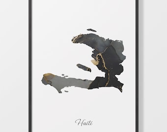 Haiti Art Print, Haitian Map Poster, Elegant Country Artwork, Black and Gold HT Painting, Ornate map poster, C25-77