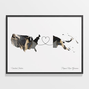 USA to Papua-Neu-Guinea Print, Papua-Neu-Guinea Geschenk, Marmor zwei Länder Karte Poster, US Wandkunst, Live im Ausland Geschenk, C22-142