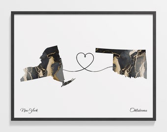 New York to Oklahoma Map Print: Marble Effect, Long Distance Gift