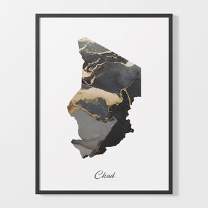 Chad Art Print, Chadian Map Poster, Elegant Country Artwork, Black and Gold TD Painting, Ornate map poster, C25-36