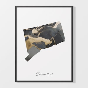 Black and Gold Connecticut Map Art Print: Elegant CT Artwork