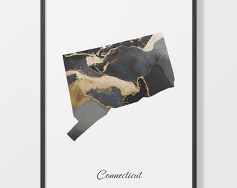 Black and Gold Connecticut Map Art Print: Elegant CT Artwork