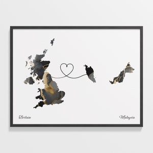 Großbritannien nach Malaysia Druck, malaysische Geschenk, Marmor zwei Länder Karte Poster, UK Wandkunst, neue Heimatkarte, C22-311