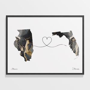 Illinois naar Florida print, Florida cadeau, marmer twee landen kaart poster, reiskunst, verhuizen, C22-1464