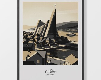 Norway Wall Art, Alta Coastal Town Poster in Black and Beige