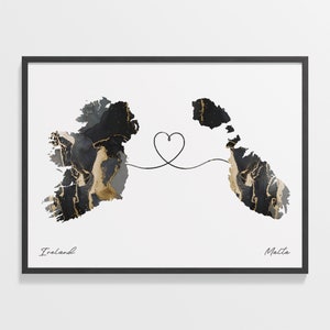Ireland to Malta Print, Malian Gift, Marble Two Countries Map Poster, Travel Art, Travel Map, C22-1109