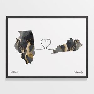 Illinois to Kentucky Print, Kentuckian Gift, Marble Two Countries Map Poster, Travel Art, Home Abroad Map, C22-1472