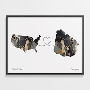 USA Uruguay Druck, Uruguay Geschenk, Marmor Zwei Länder Karte Poster, US Wandkunst, Global Love Map, C22-191