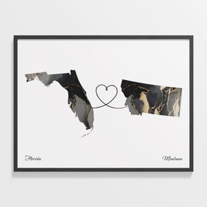 Print Florida naar Montana, Montanan cadeau, marmer twee landen kaart poster, reiskunst, kaart studeren in het buitenland, C22-1325