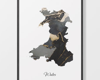 Wales Art Print, Welsh Map Poster, Elegant Country Artwork, Black and Gold GB Painting, Black and gold decor, C25-252