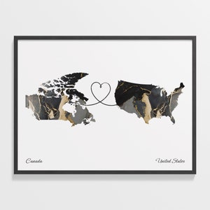 Canada to United States Print, British Gift, Marble Two Countries Map Poster, Travel Art, Borderless Love Gift, C22-787