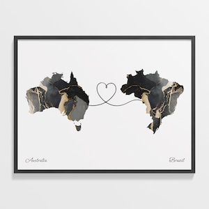 Australien Brasilien Druck, Motswana Geschenk, Marmor Zwei Länder Karte Poster, Reisekunst, Beziehungsgeschenk, C22-820