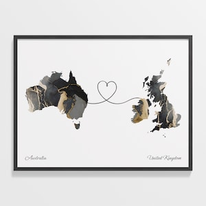 Australia to United Kingdom Print, Emirati Gift, Marble Two Countries Map Poster, Travel Art, Borderless Love Gift, C22-985