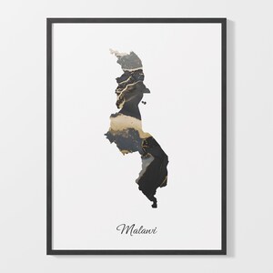 Malawi Kunst Druck, Malawische Karte Poster, Elegantes Land Kunstwerk, Schwarz und Gold MW Malerei, Glänzendes Wandbild, C25-111