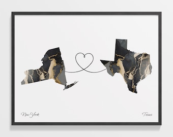 New York to Texas Map Print: Marble Two-State Connection Art