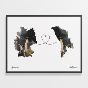 Könnte beinhalten: Eine schwarze und goldene Aquarellkarte von Deutschland und Moldawien, die durch eine Linie verbunden sind, die ein Herz bildet. Die Texte "Deutschland" und "Moldawien" stehen unter den Karten.