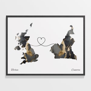 Großbritannien, Kamerun Druck, Kamerunische Geschenk, Marmor Zwei Länder Karte Poster, UK Wandkunst, Expat Karte, C22-230