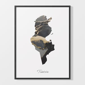 Tunisia Art Print, Tunisian Map Poster, Elegant Country Artwork, Black and Gold TN Painting, Striking wall art, C25-184
