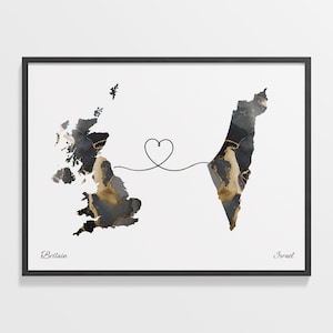 Von Großbritannien nach Israel, Israelischen Geschenk, Marmor Zwei Länder Karte Poster, UK Wandkunst, Expatriate Karte, C22-287